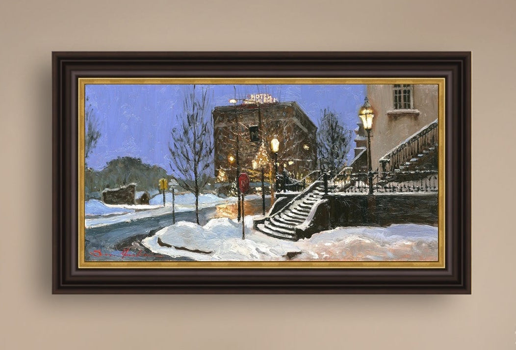 A canvas print depicting Main Street with snow on the ground, Moravian Church steps, and a street lamp.