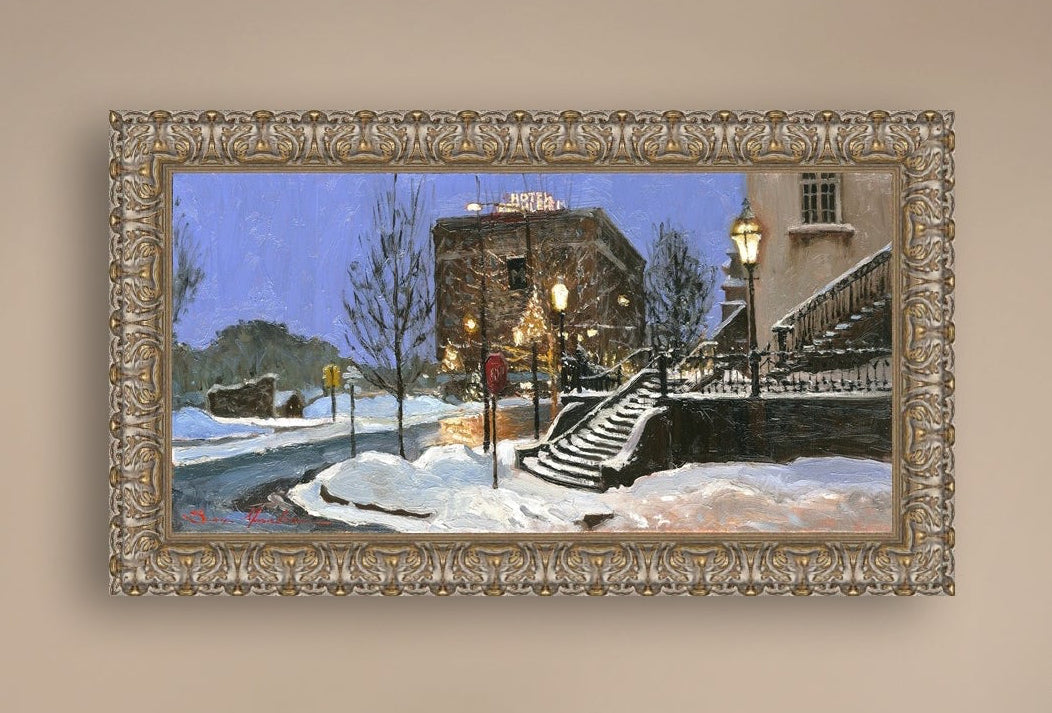 A canvas print depicting Main Street with snow on the ground, Moravian Church steps, and a street lamp.