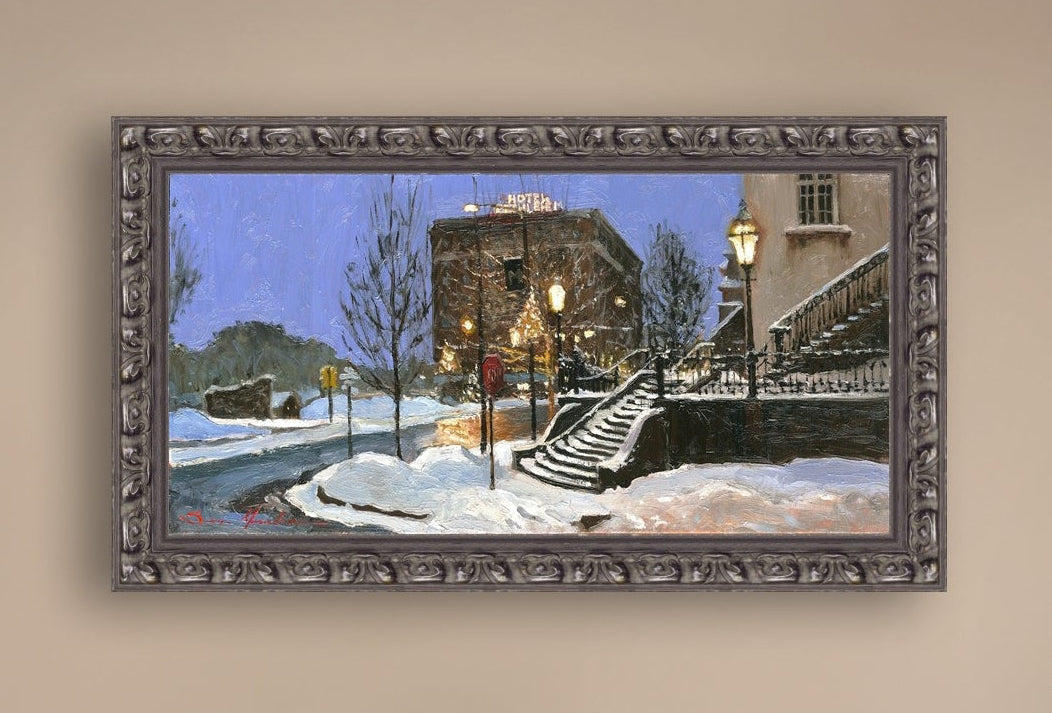 A canvas print depicting Main Street with snow on the ground, Moravian Church steps, and a street lamp.