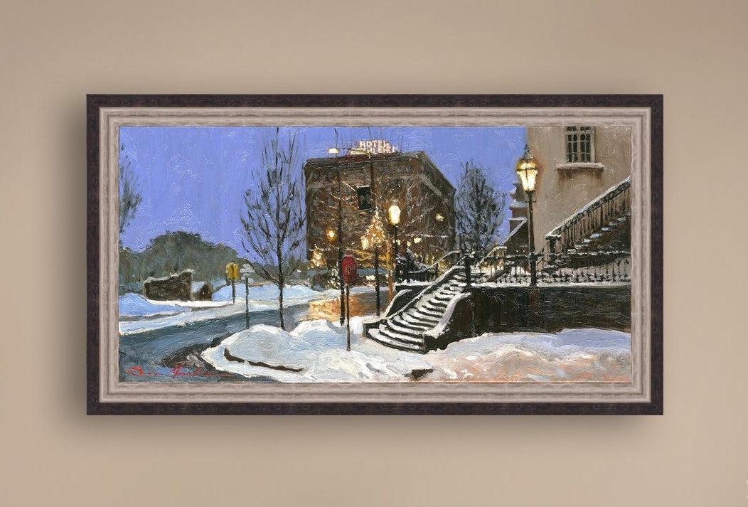 A canvas print depicting Main Street with snow on the ground, Moravian Church steps, and a street lamp.