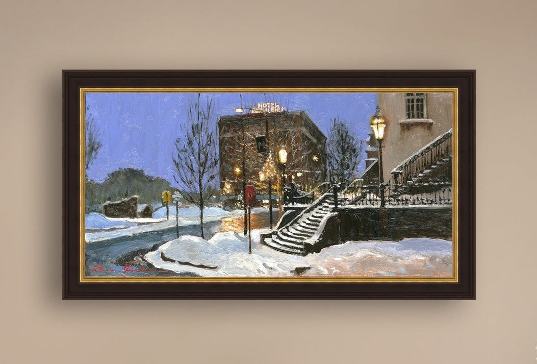 A canvas print depicting Main Street with snow on the ground, Moravian Church steps, and a street lamp.