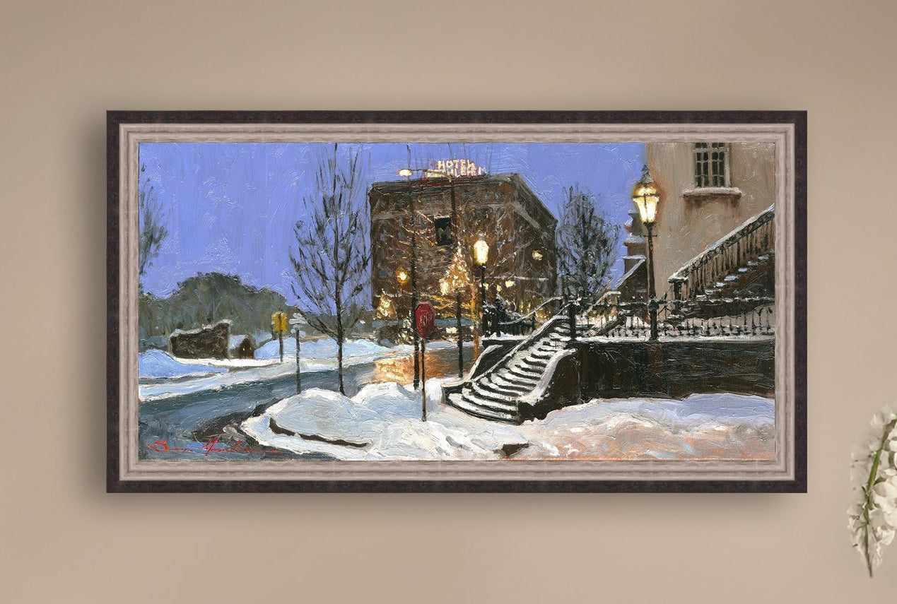 A canvas print depicting Main Street with snow on the ground, Moravian Church steps, and a street lamp.