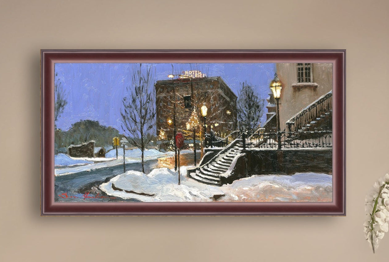 A canvas print depicting Main Street with snow on the ground, Moravian Church steps, and a street lamp.