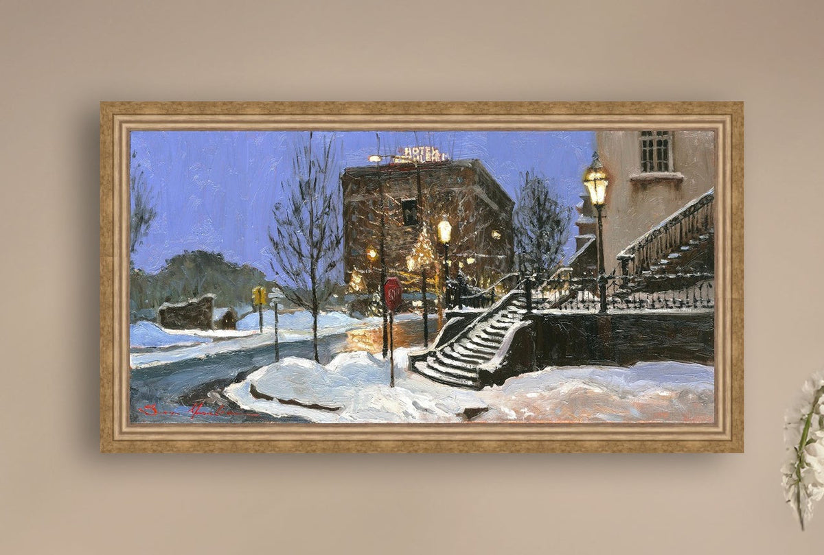A canvas print depicting Main Street with snow on the ground, Moravian Church steps, and a street lamp.