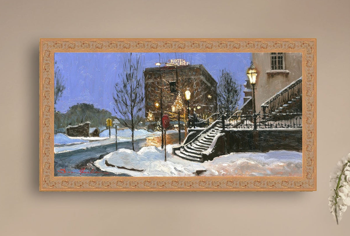 A canvas print depicting Main Street with snow on the ground, Moravian Church steps, and a street lamp.