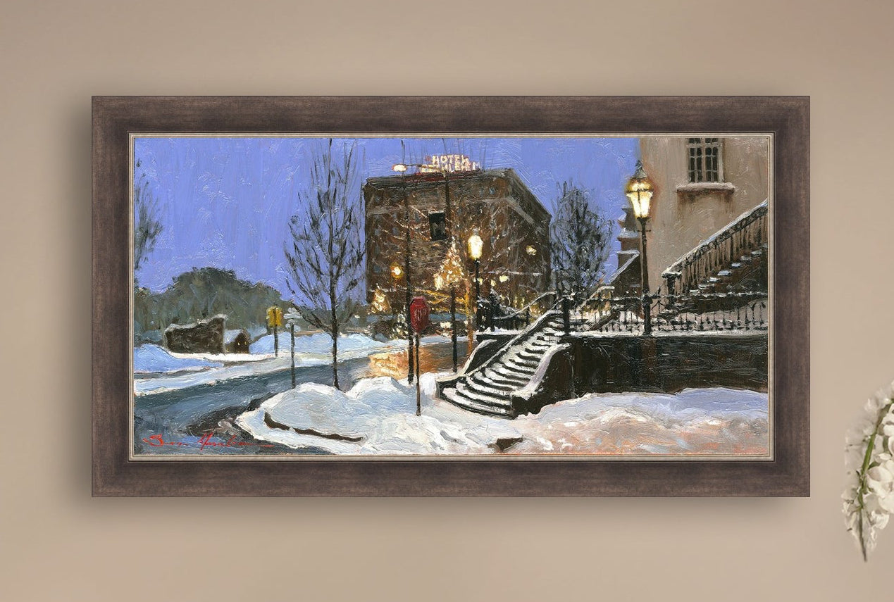 A canvas print depicting Main Street with snow on the ground, Moravian Church steps, and a street lamp.