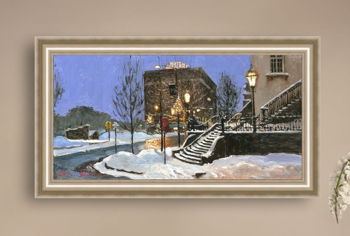 A canvas print depicting Main Street with snow on the ground, Moravian Church steps, and a street lamp.