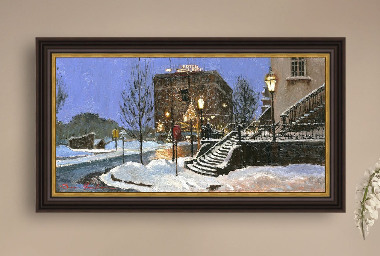 A canvas print depicting Main Street with snow on the ground, Moravian Church steps, and a street lamp.