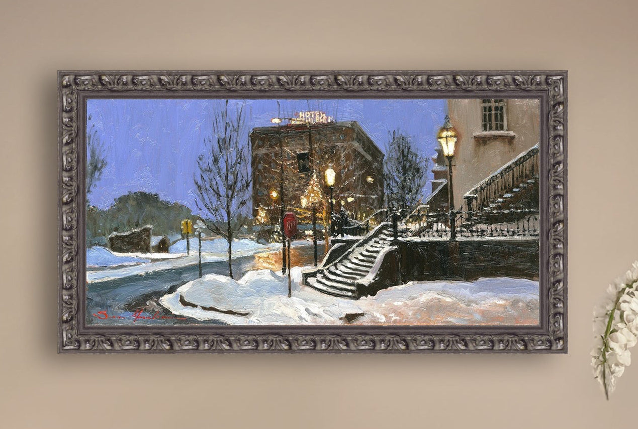 A canvas print depicting Main Street with snow on the ground, Moravian Church steps, and a street lamp.