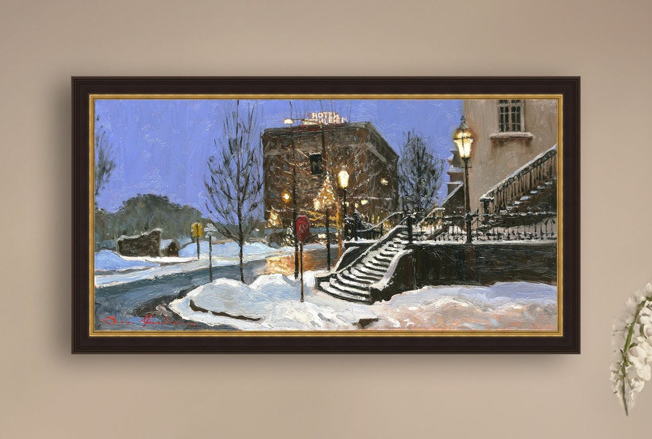 A canvas print depicting Main Street with snow on the ground, Moravian Church steps, and a street lamp.