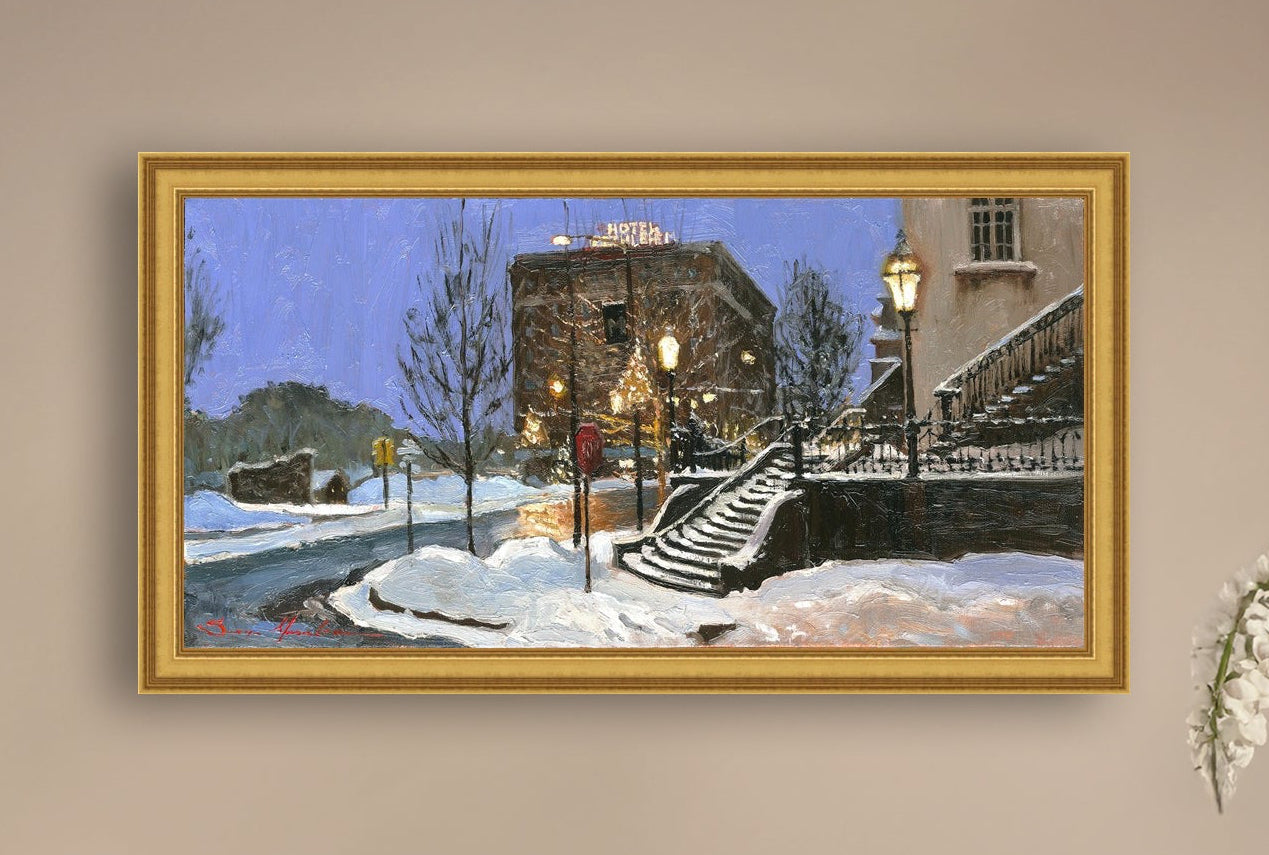 A canvas print depicting Main Street with snow on the ground, Moravian Church steps, and a street lamp.