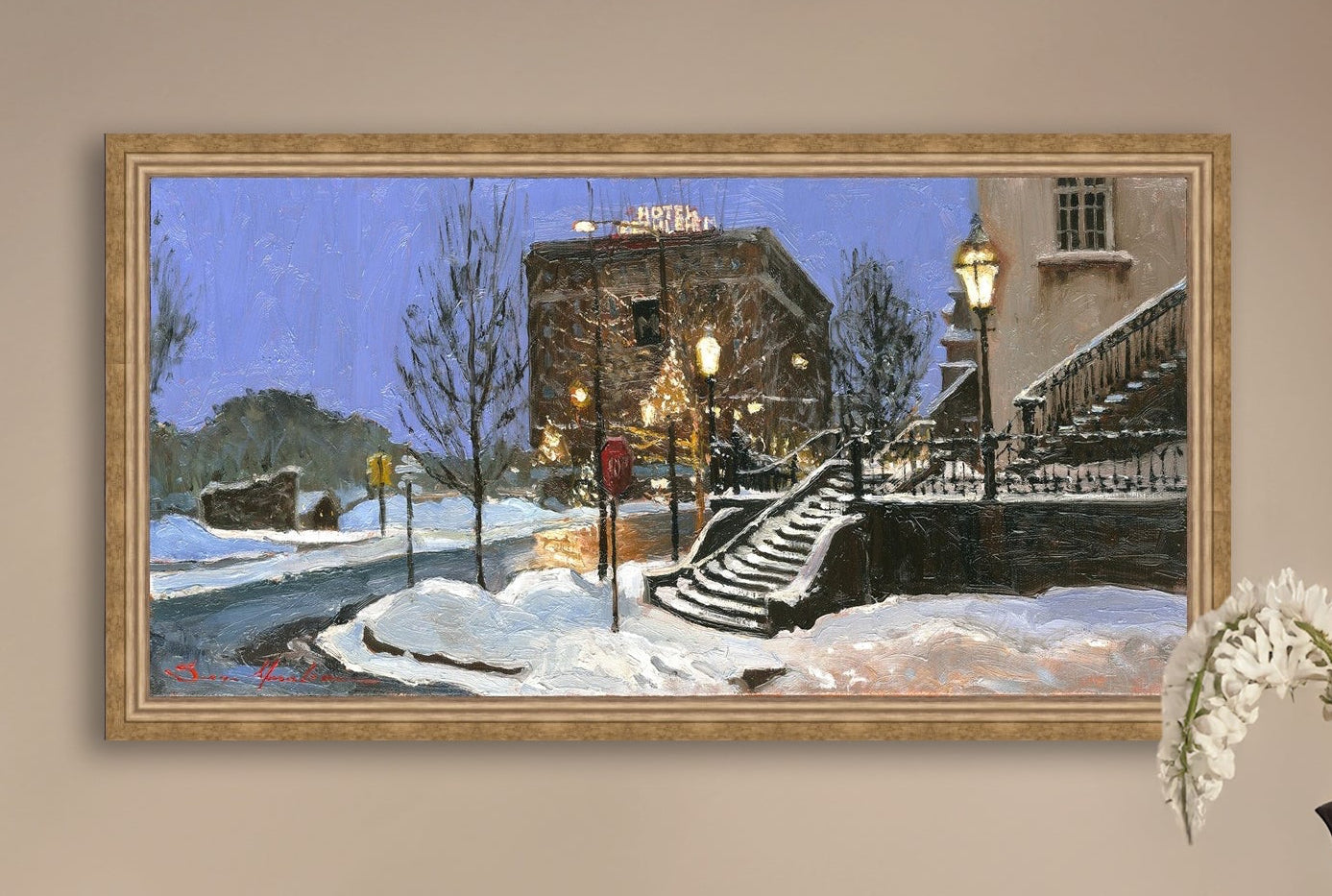 A canvas print depicting Main Street with snow on the ground, Moravian Church steps, and a street lamp.