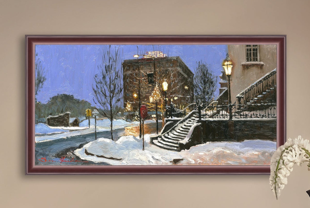 A canvas print depicting Main Street with snow on the ground, Moravian Church steps, and a street lamp.