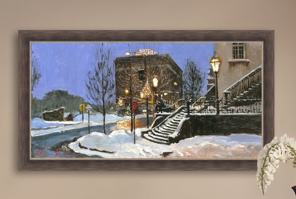 A canvas print depicting Main Street with snow on the ground, Moravian Church steps, and a street lamp.