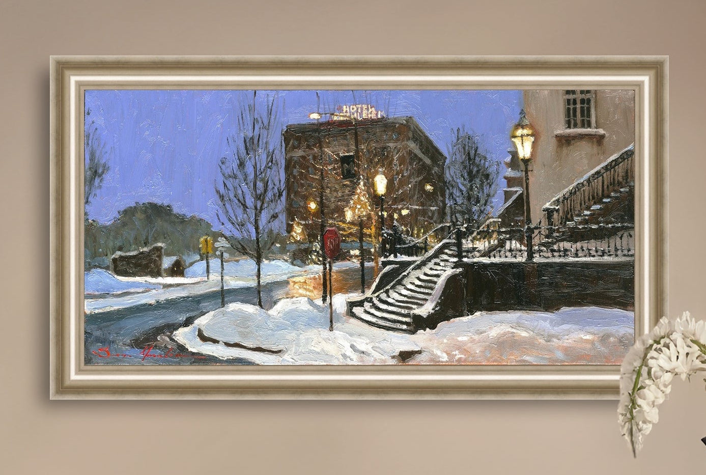 A canvas print depicting Main Street with snow on the ground, Moravian Church steps, and a street lamp.