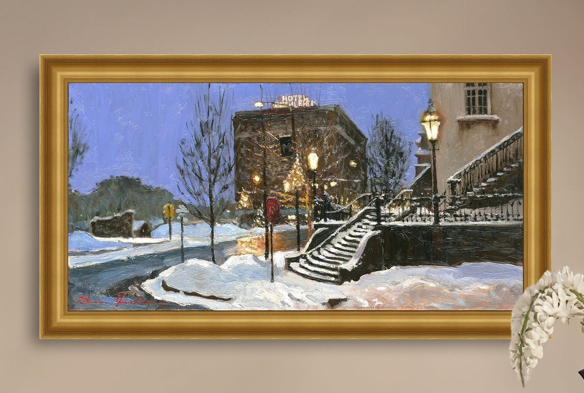 A canvas print depicting Main Street with snow on the ground, Moravian Church steps, and a street lamp.