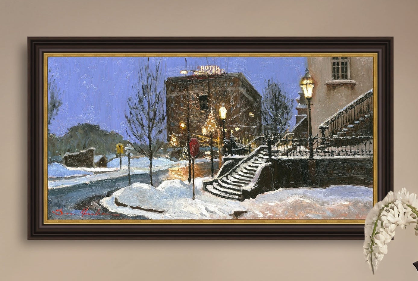 A canvas print depicting Main Street with snow on the ground, Moravian Church steps, and a street lamp.