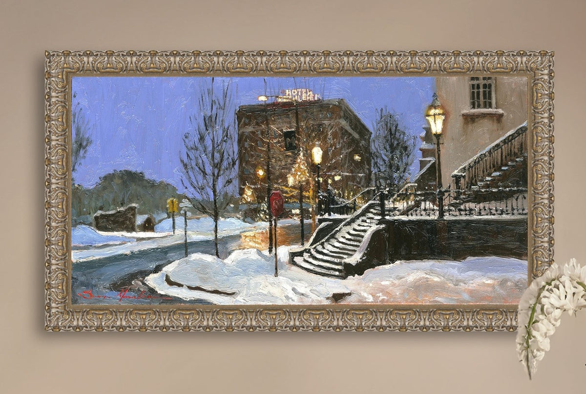 A canvas print depicting Main Street with snow on the ground, Moravian Church steps, and a street lamp.