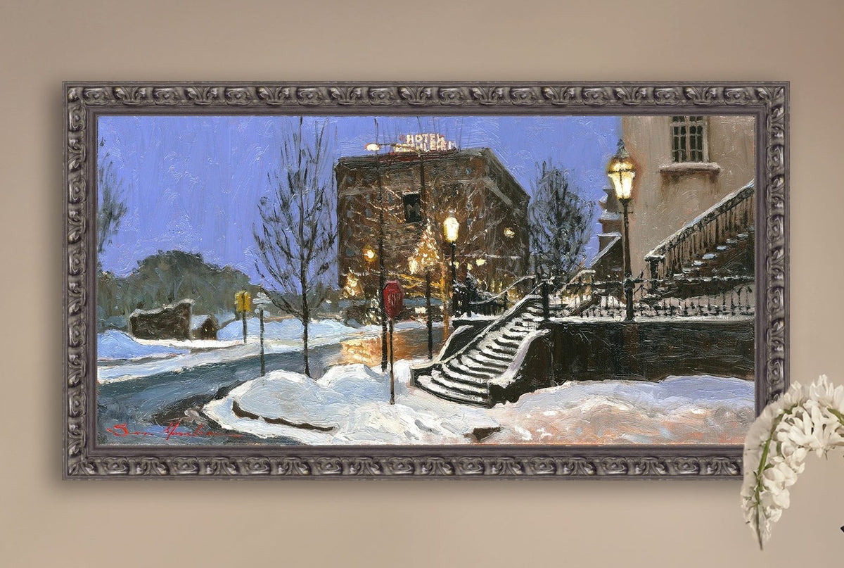 A canvas print depicting Main Street with snow on the ground, Moravian Church steps, and a street lamp.
