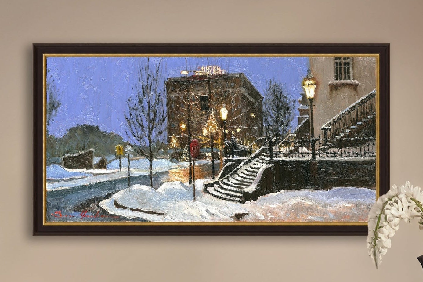 A canvas print depicting Main Street with snow on the ground, Moravian Church steps, and a street lamp.