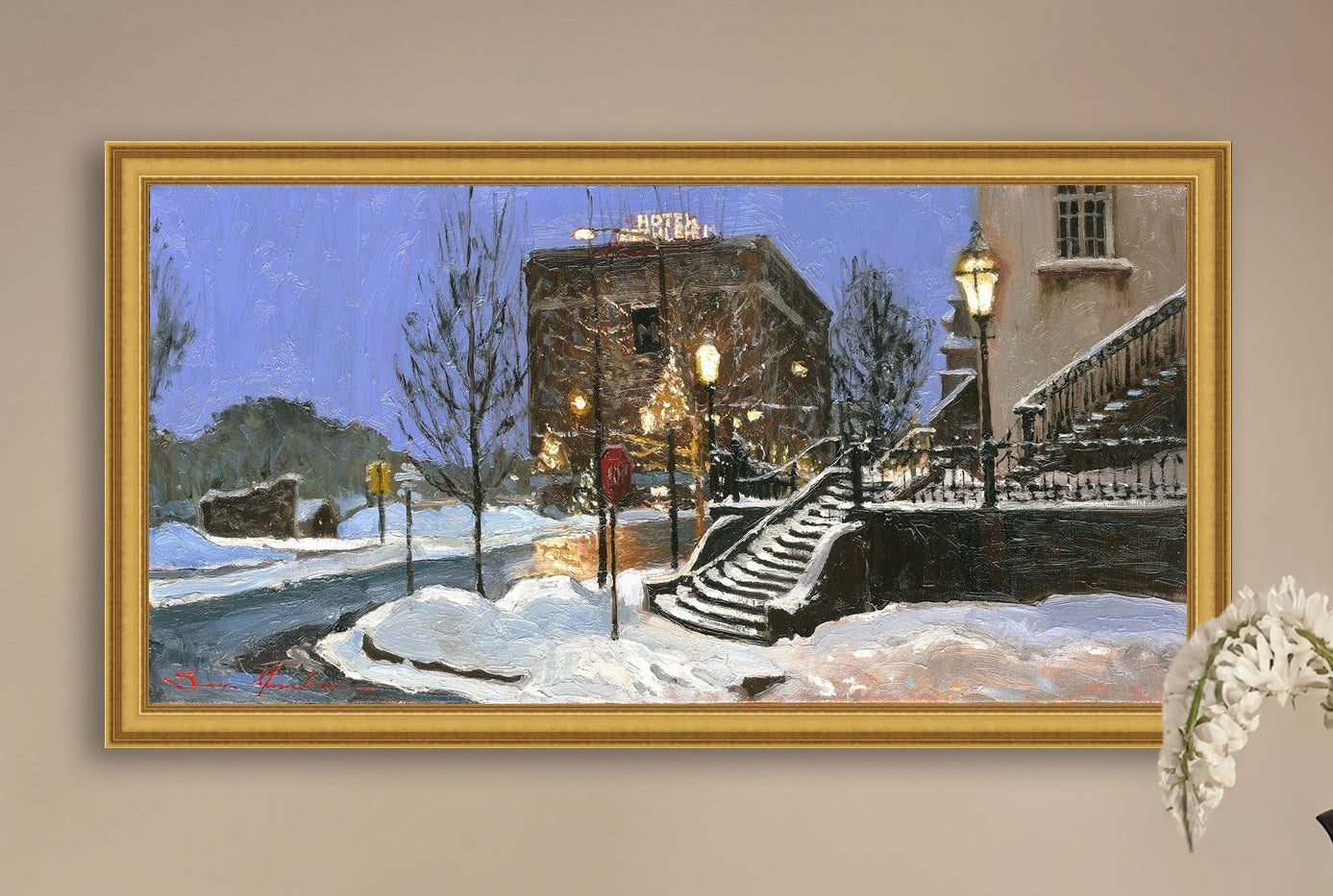A canvas print depicting Main Street with snow on the ground, Moravian Church steps, and a street lamp.