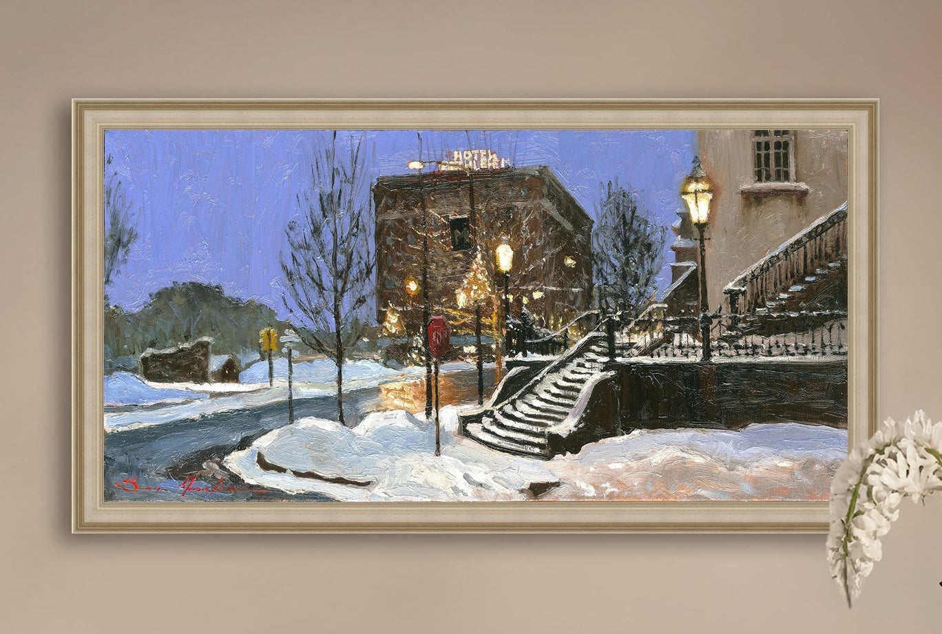 A canvas print depicting Main Street with snow on the ground, Moravian Church steps, and a street lamp.