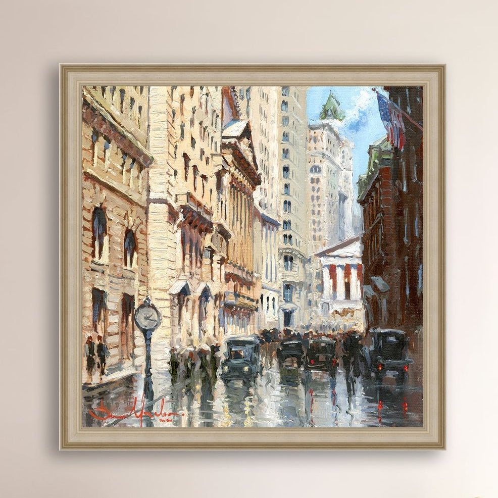 A canvas print depicting a vibrant street scene in New York City with a focus on a stock exchange building