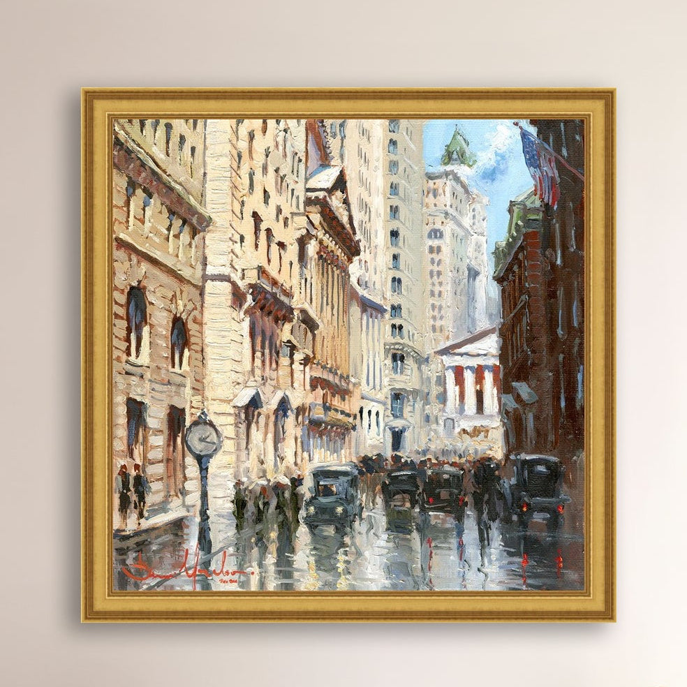 A canvas print depicting a vibrant street scene in New York City with a focus on a stock exchange building