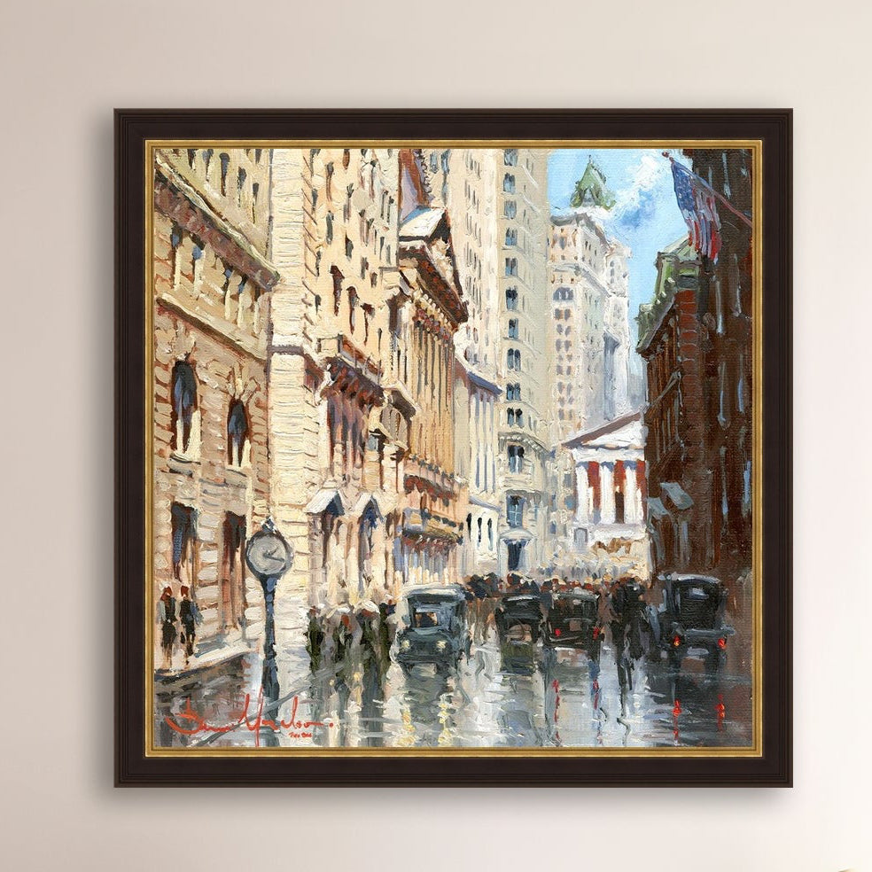 A canvas print depicting a vibrant street scene in New York City with a focus on a stock exchange building