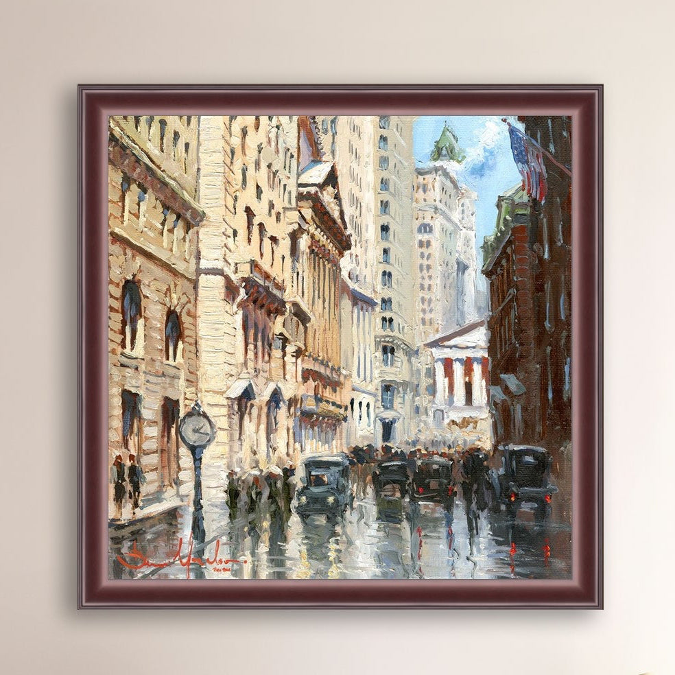 A canvas print depicting a vibrant street scene in New York City with a focus on a stock exchange building