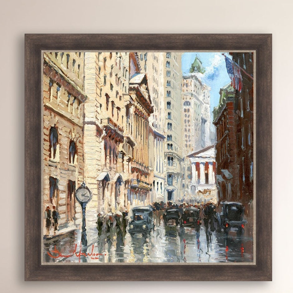 A canvas print depicting a vibrant street scene in New York City with a focus on a stock exchange building