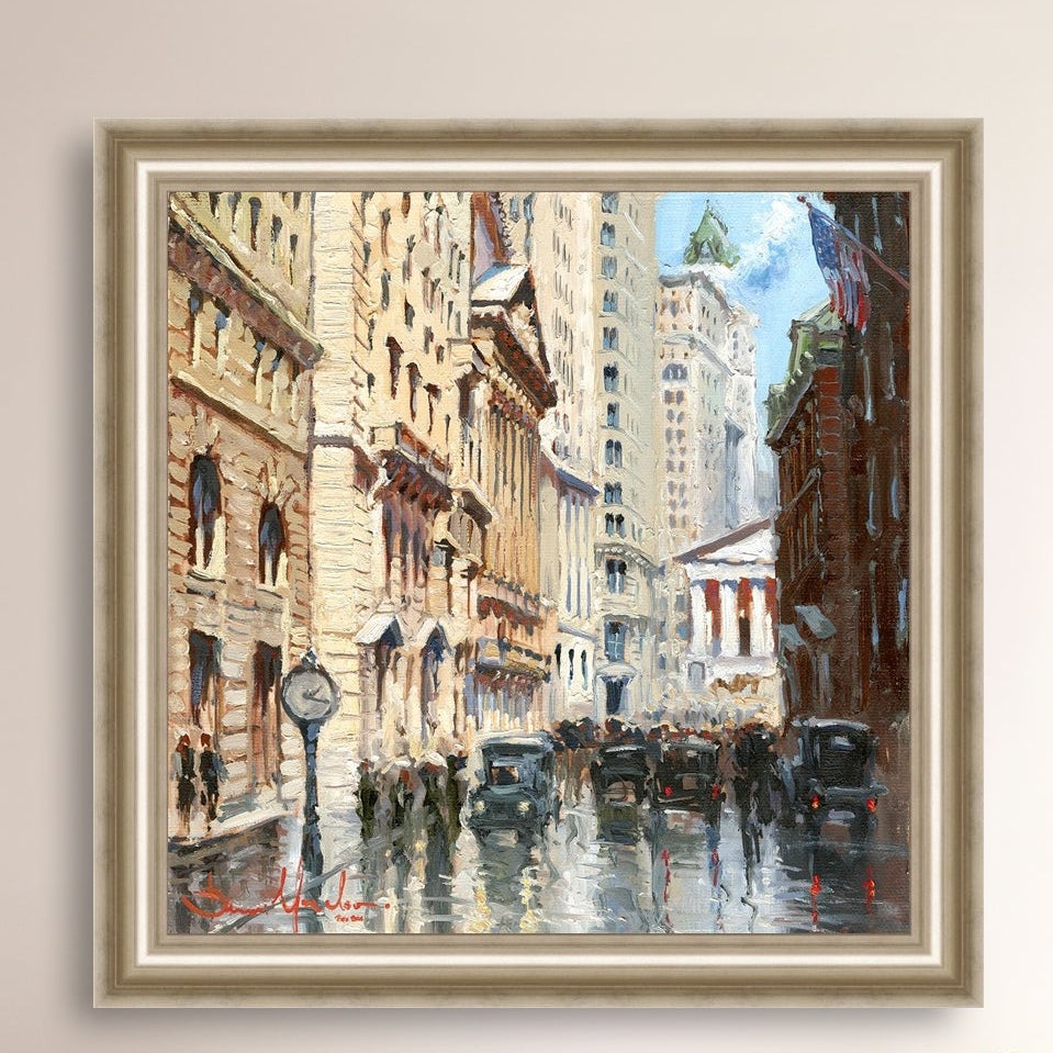 A canvas print depicting a vibrant street scene in New York City with a focus on a stock exchange building