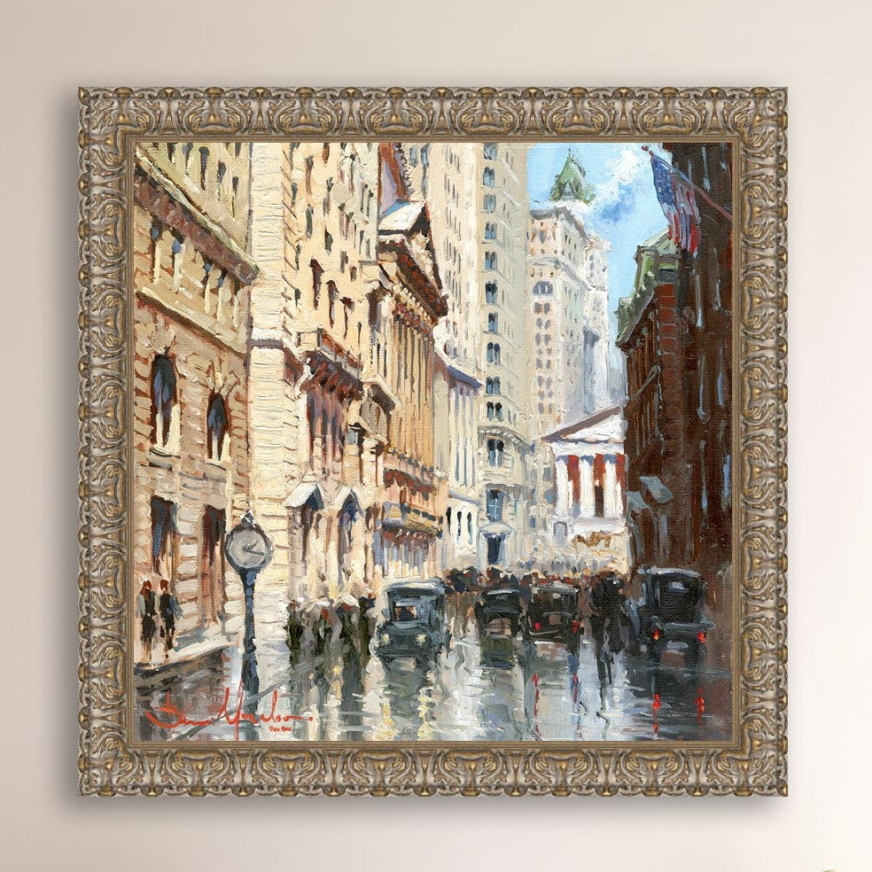A canvas print depicting a vibrant street scene in New York City with a focus on a stock exchange building