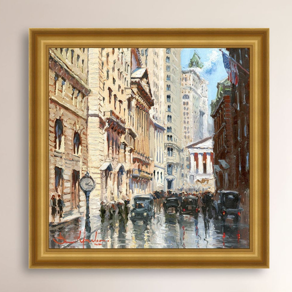 A canvas print depicting a vibrant street scene in New York City with a focus on a stock exchange building
