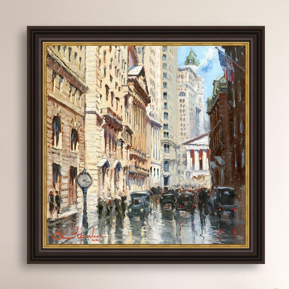 A canvas print depicting a vibrant street scene in New York City with a focus on a stock exchange building