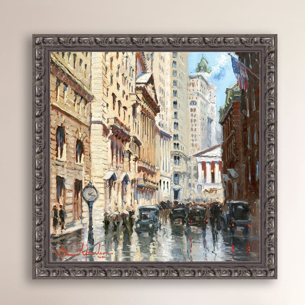 A canvas print depicting a vibrant street scene in New York City with a focus on a stock exchange building