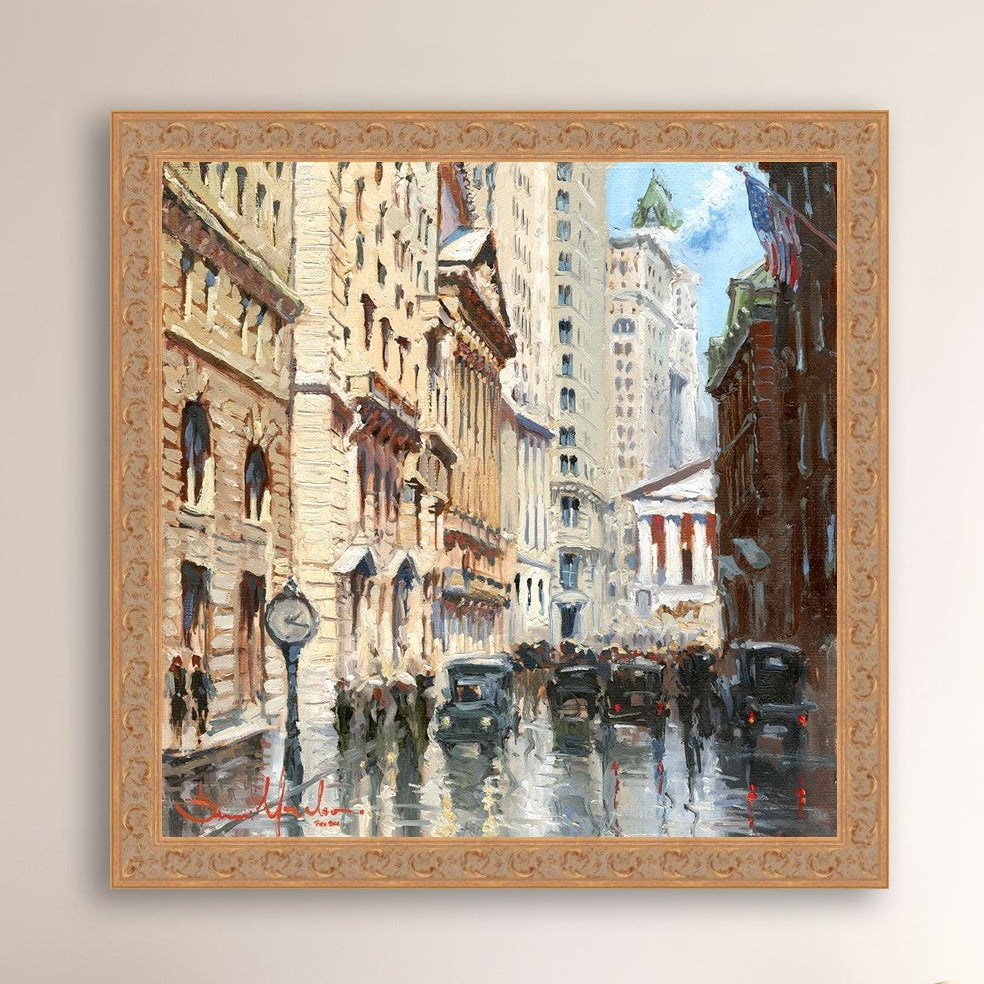 A canvas print depicting a vibrant street scene in New York City with a focus on a stock exchange building