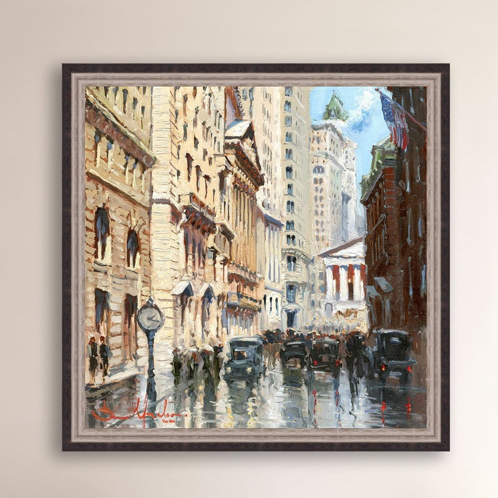 A canvas print depicting a vibrant street scene in New York City with a focus on a stock exchange building