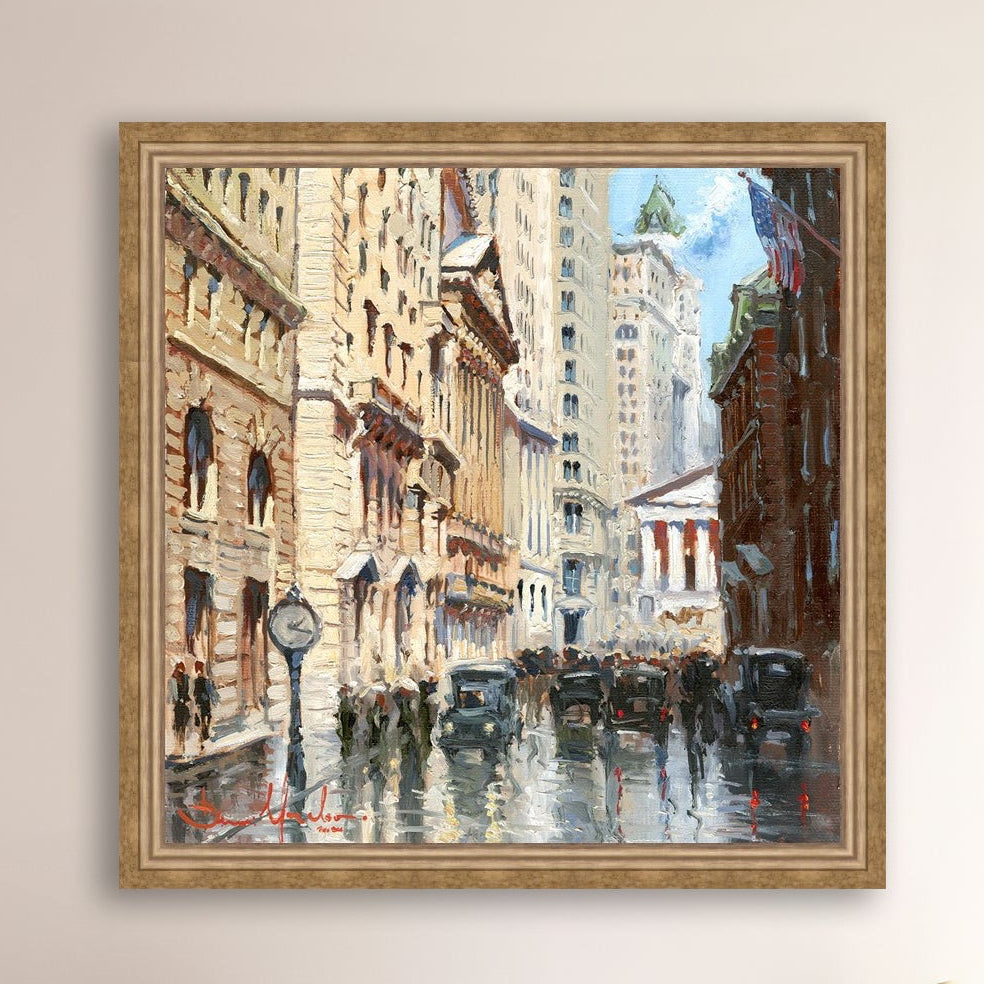 A canvas print depicting a vibrant street scene in New York City with a focus on a stock exchange building