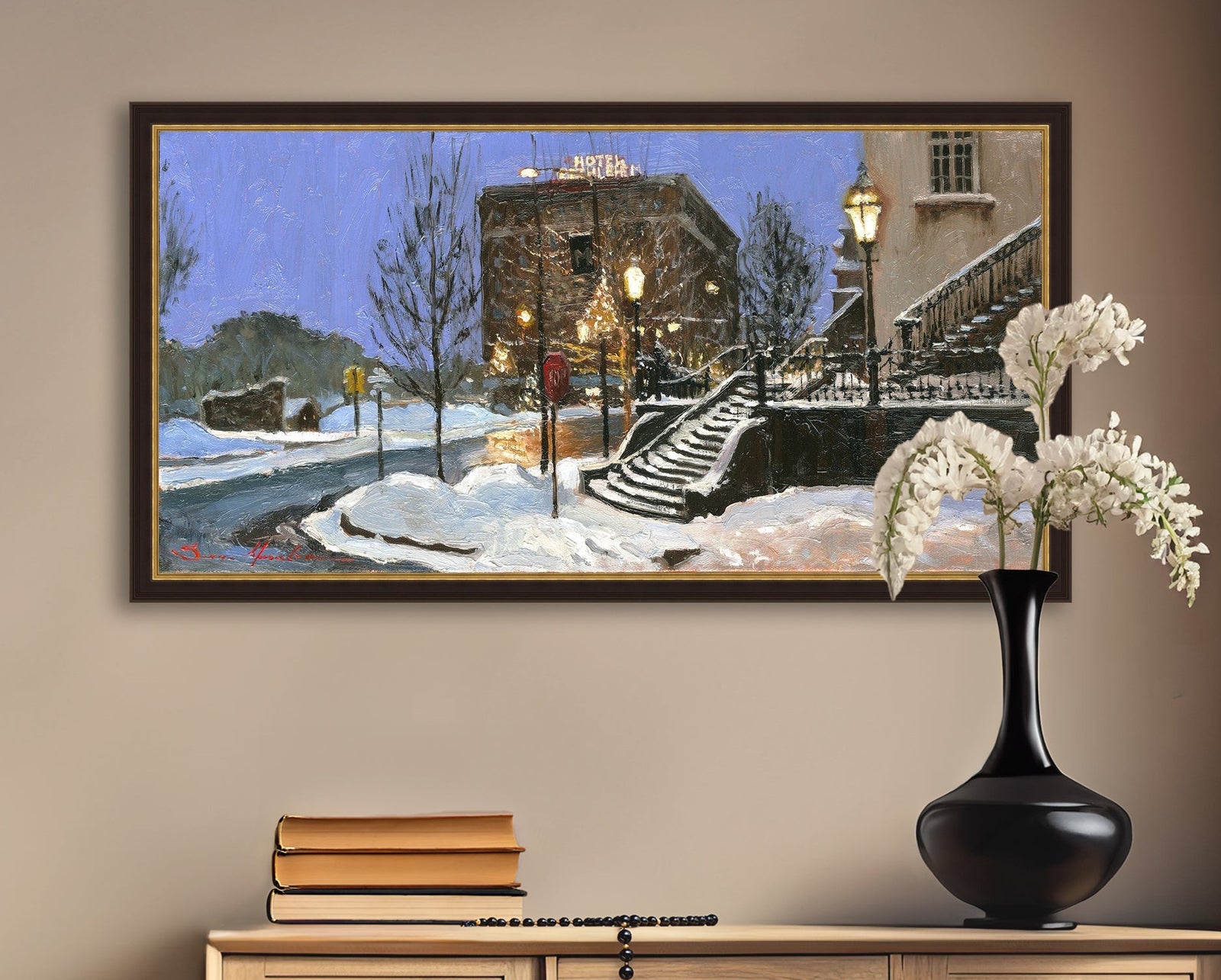 A canvas print depicting Main Street with snow on the ground, Moravian Church steps, and a street lamp.