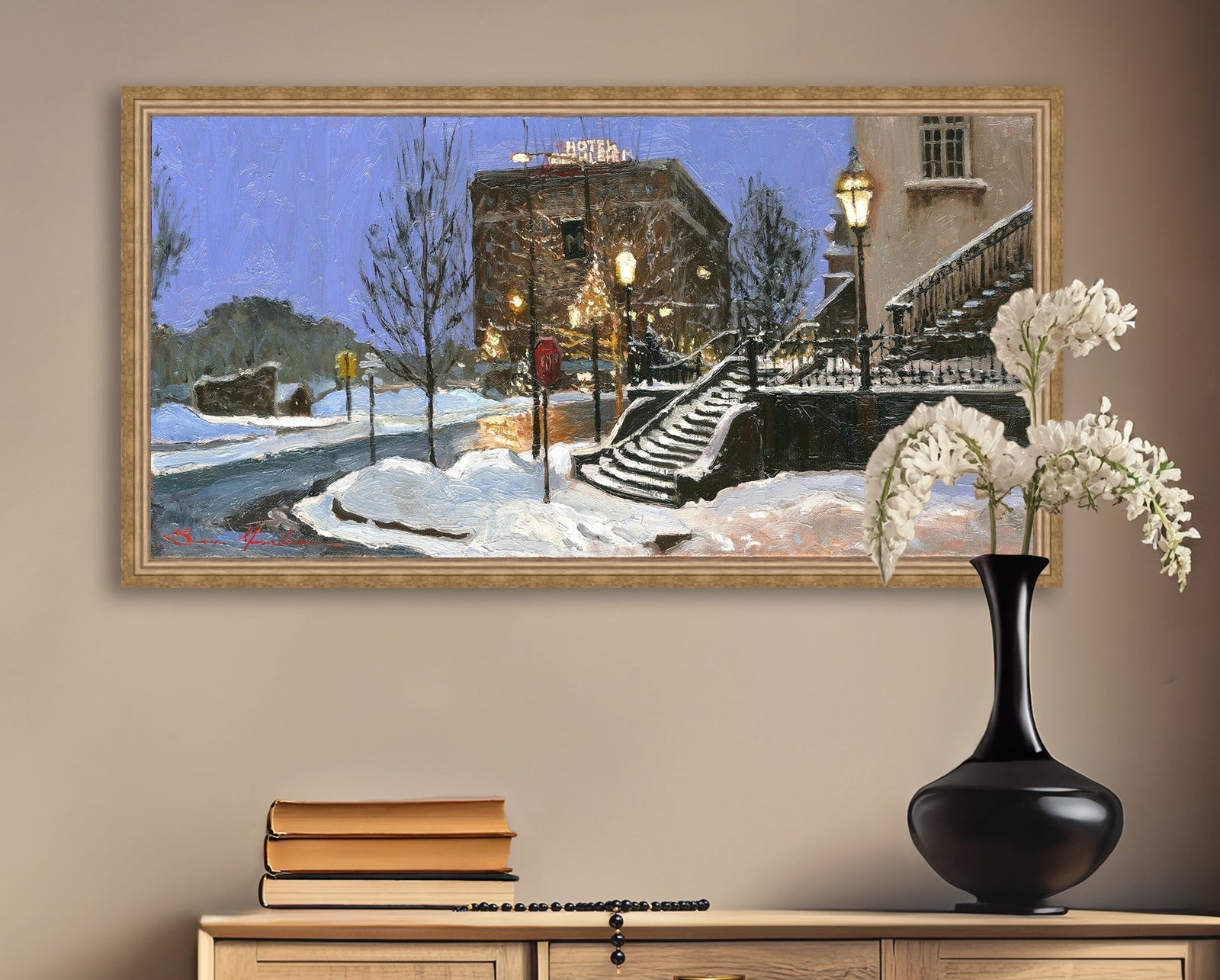 A canvas print depicting Main Street with snow on the ground, Moravian Church steps, and a street lamp.