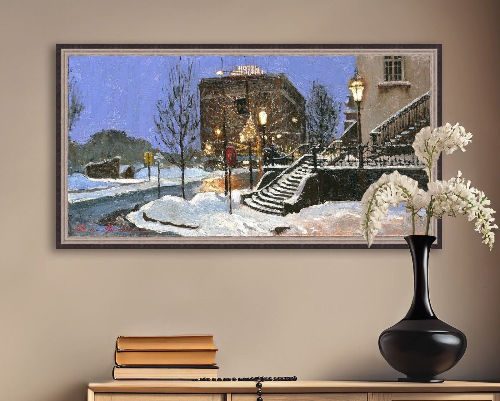 A canvas print depicting Main Street with snow on the ground, Moravian Church steps, and a street lamp.