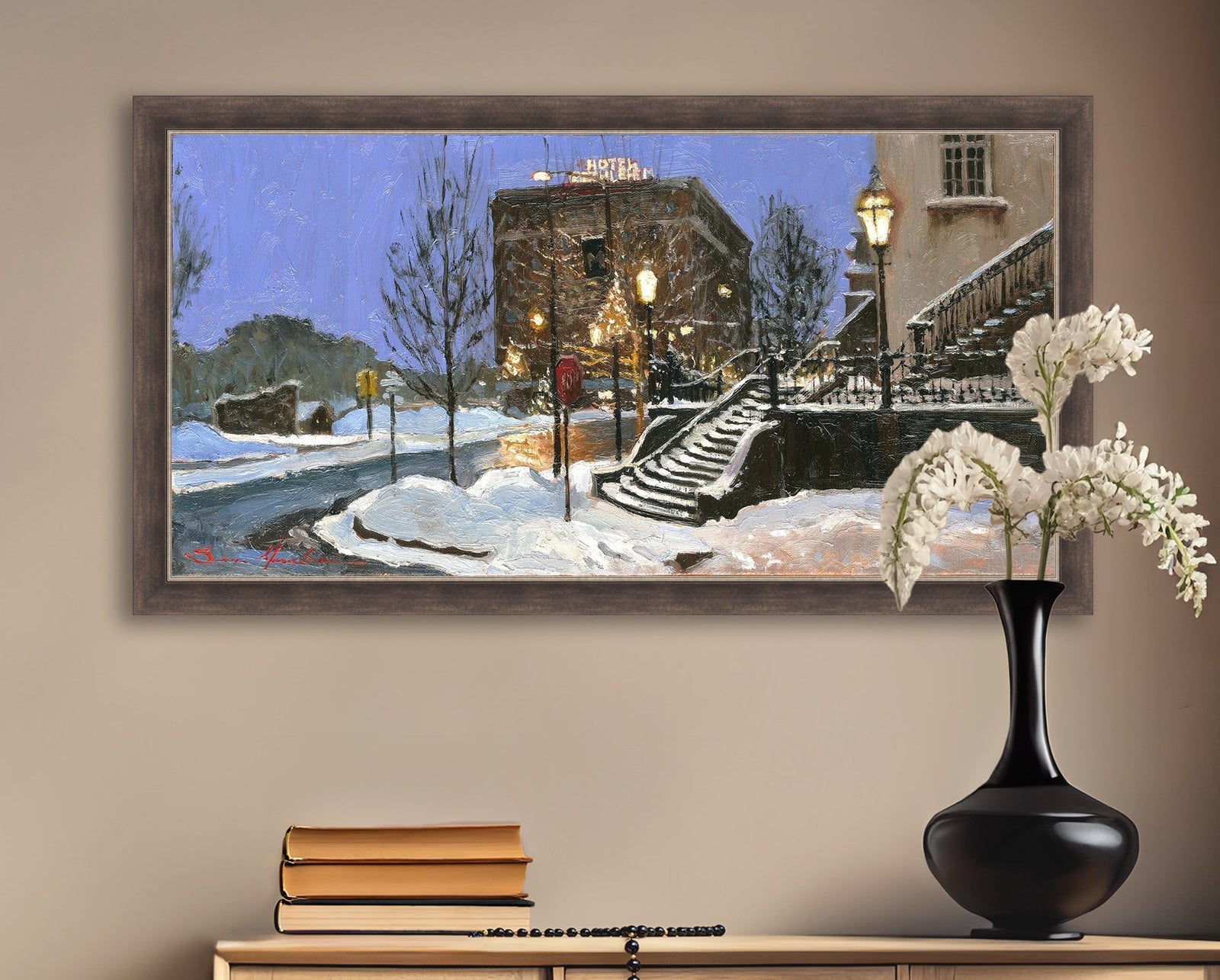 A canvas print depicting Main Street with snow on the ground, Moravian Church steps, and a street lamp.