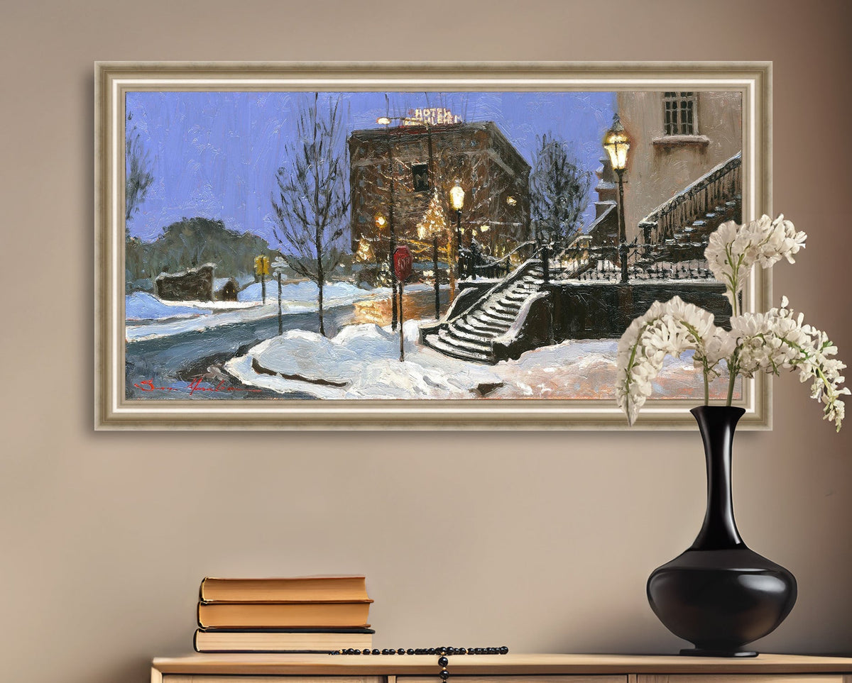 A canvas print depicting Main Street with snow on the ground, Moravian Church steps, and a street lamp.