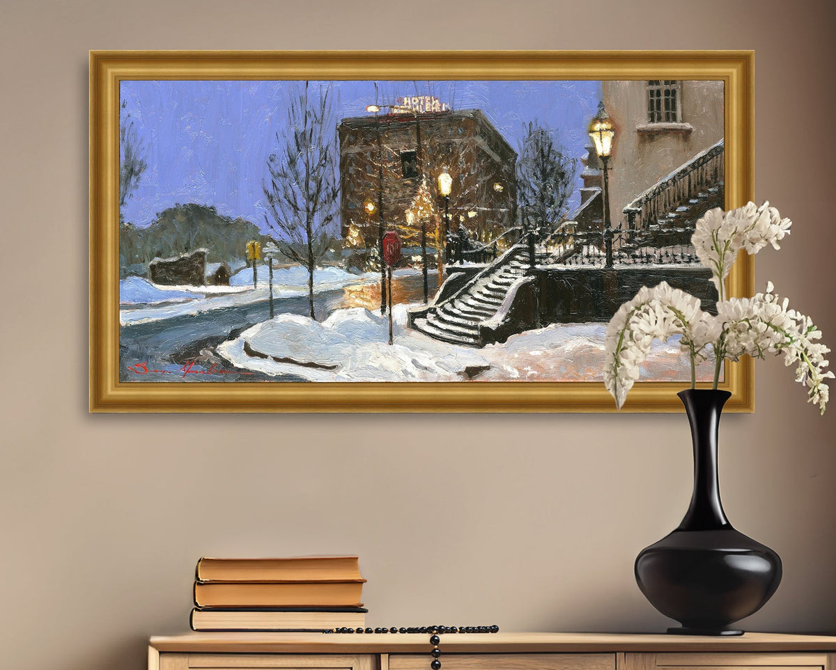 A canvas print depicting Main Street with snow on the ground, Moravian Church steps, and a street lamp.