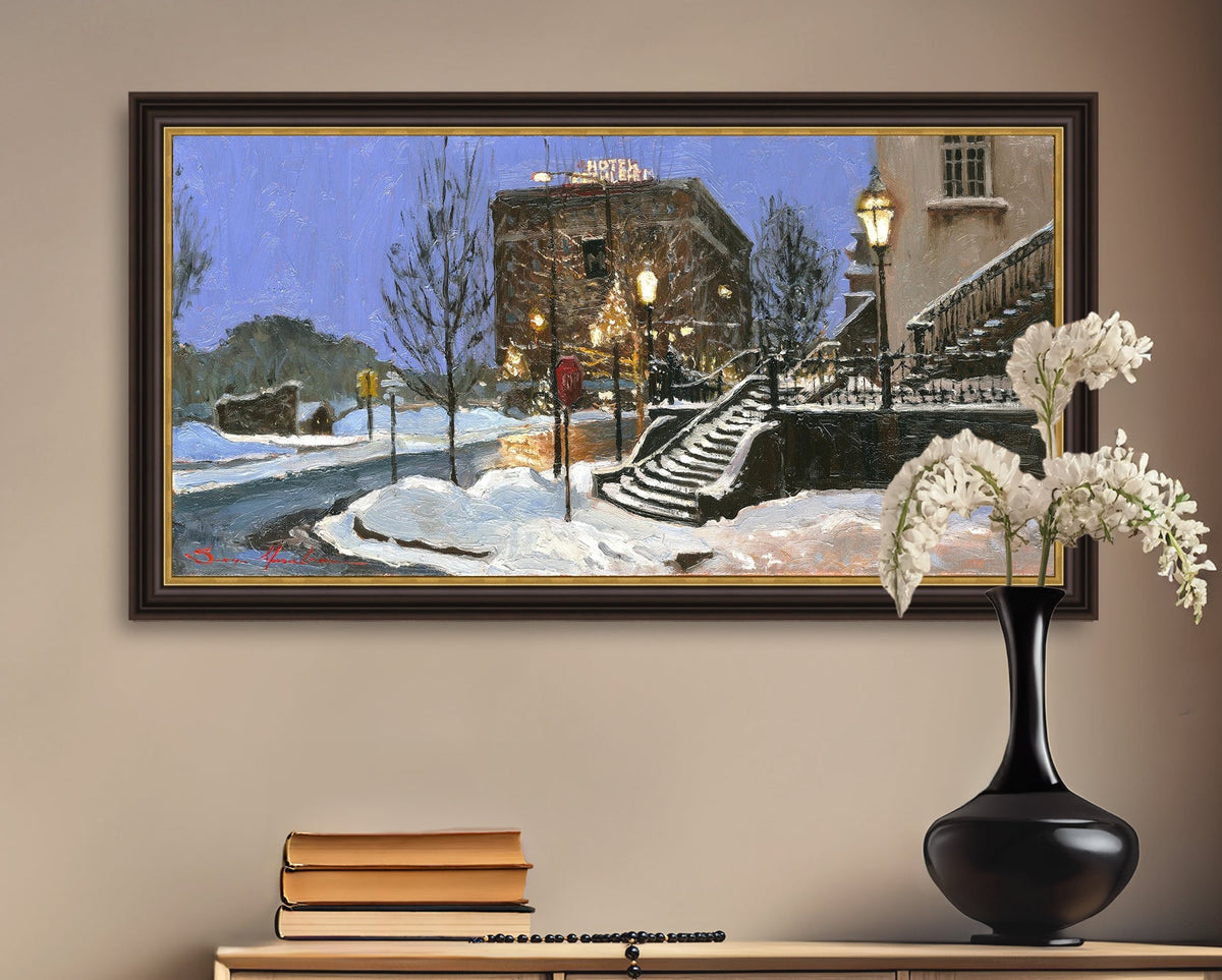 A canvas print depicting Main Street with snow on the ground, Moravian Church steps, and a street lamp.