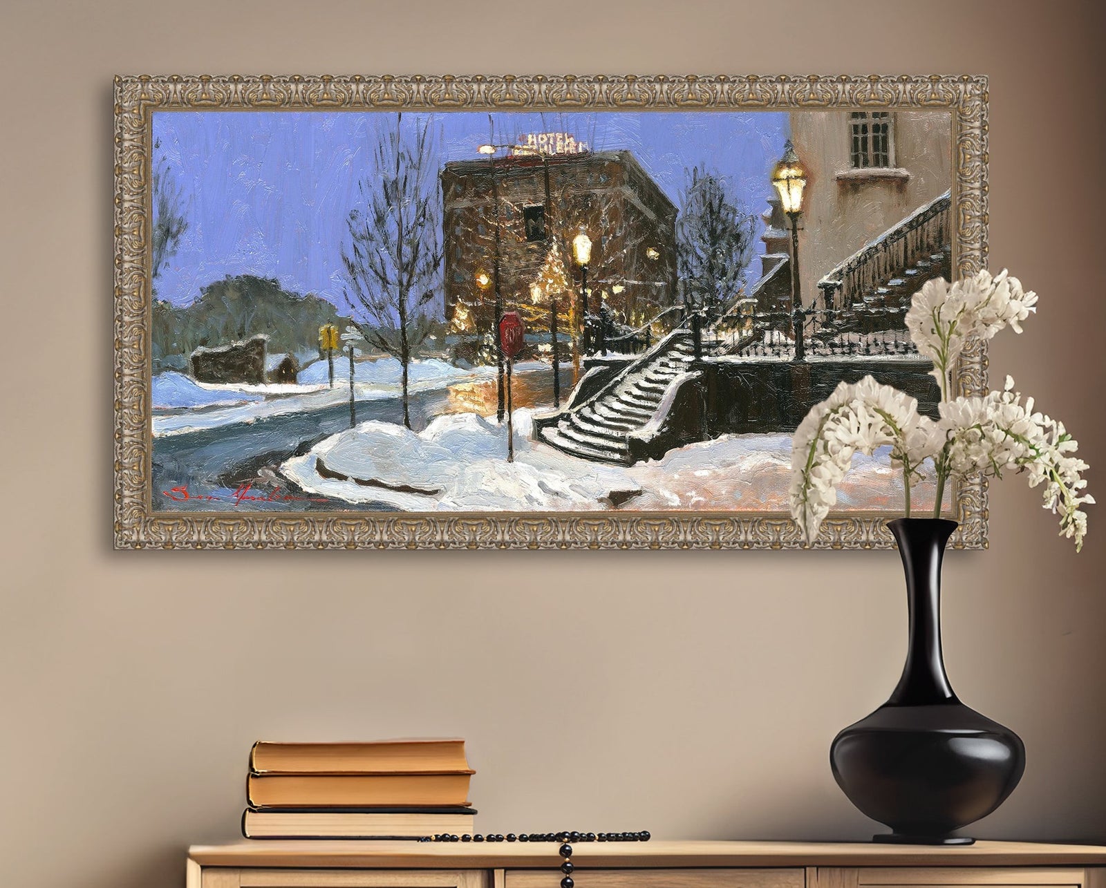 A canvas print depicting Main Street with snow on the ground, Moravian Church steps, and a street lamp.