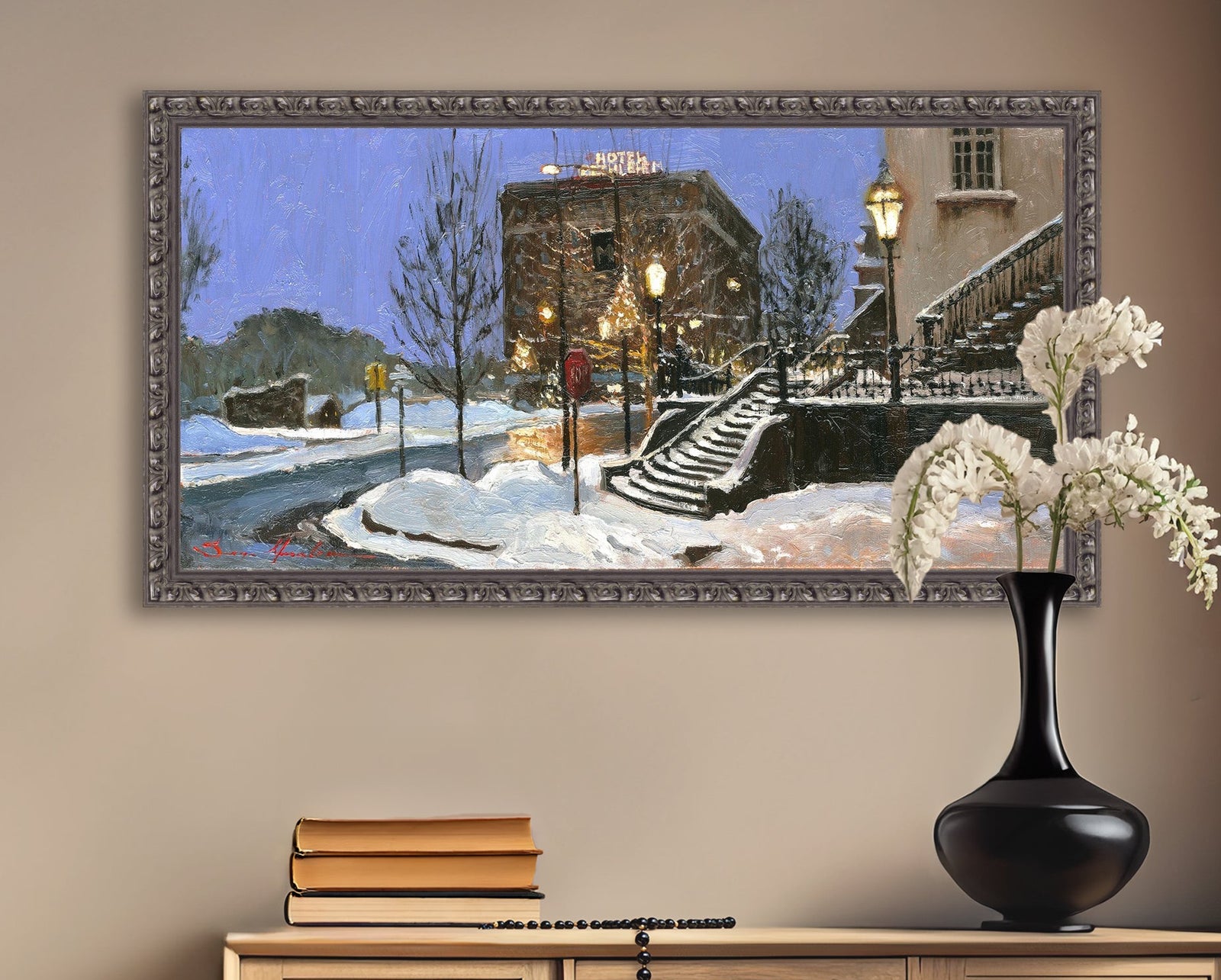 A canvas print depicting Main Street with snow on the ground, Moravian Church steps, and a street lamp.