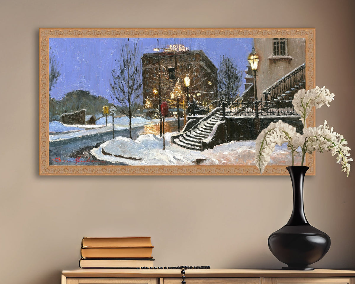 A canvas print depicting Main Street with snow on the ground, Moravian Church steps, and a street lamp.