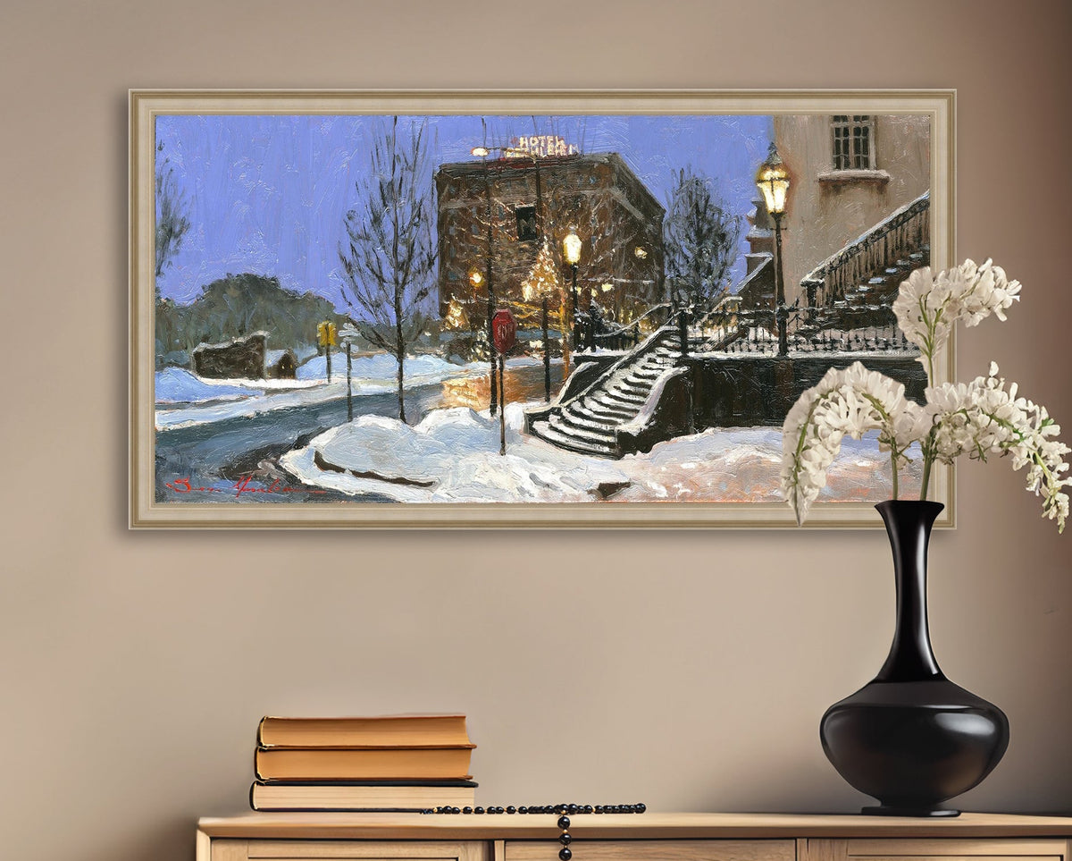 A canvas print depicting Main Street with snow on the ground, Moravian Church steps, and a street lamp.